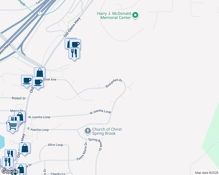 map of restaurants, bars, coffee shops, grocery stores, and more near 17741 Beaujolais Drive in Anchorage