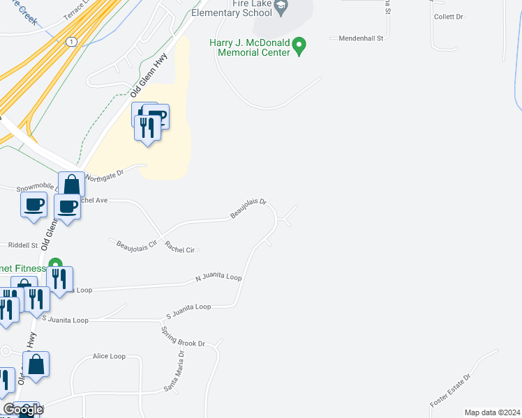 map of restaurants, bars, coffee shops, grocery stores, and more near 17820 Beaujolais Drive in Anchorage