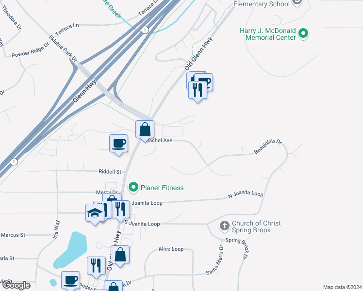 map of restaurants, bars, coffee shops, grocery stores, and more near 17348 Rachel Avenue in Anchorage