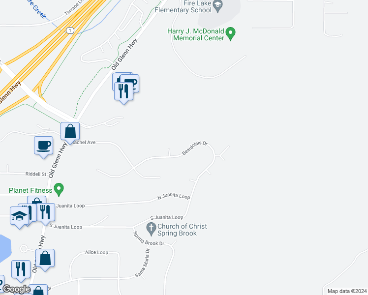 map of restaurants, bars, coffee shops, grocery stores, and more near 17741 Beaujolais Drive in Anchorage