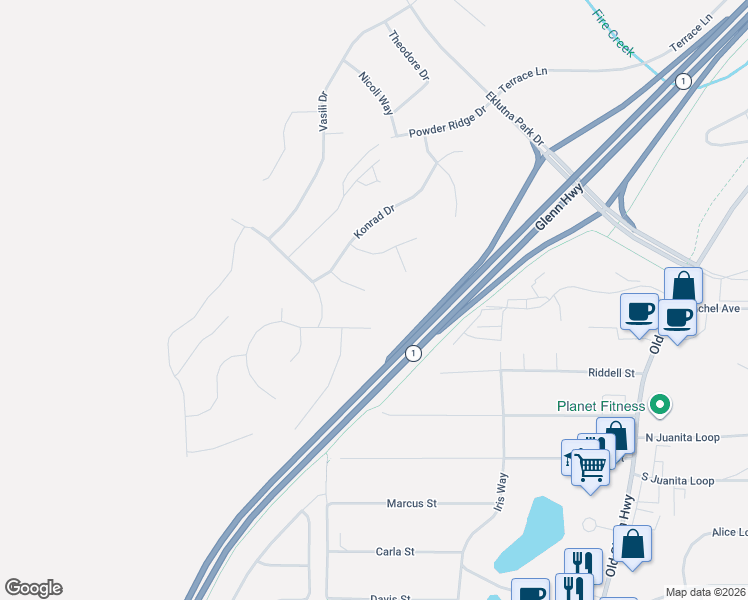 map of restaurants, bars, coffee shops, grocery stores, and more near 16446 Mills Park Circle in Anchorage