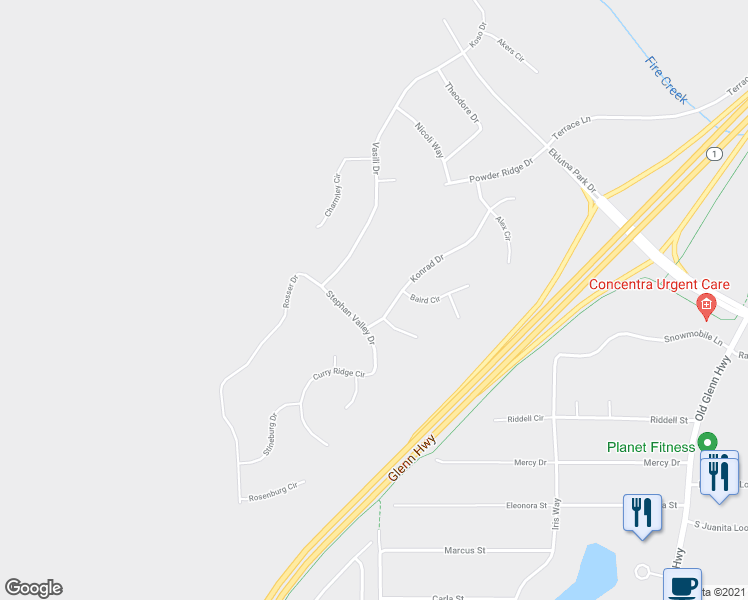 map of restaurants, bars, coffee shops, grocery stores, and more near 13226 Konrad Drive in Anchorage