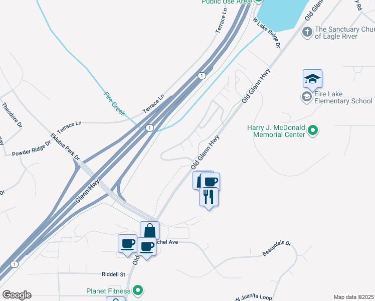 map of restaurants, bars, coffee shops, grocery stores, and more near 17400 Stonewood Place in Anchorage