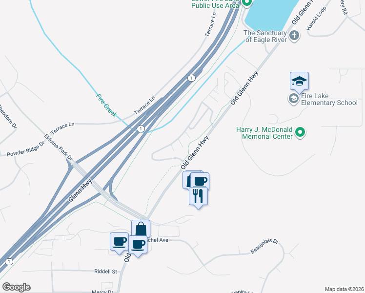 map of restaurants, bars, coffee shops, grocery stores, and more near 17398 Ironwood Place in Anchorage