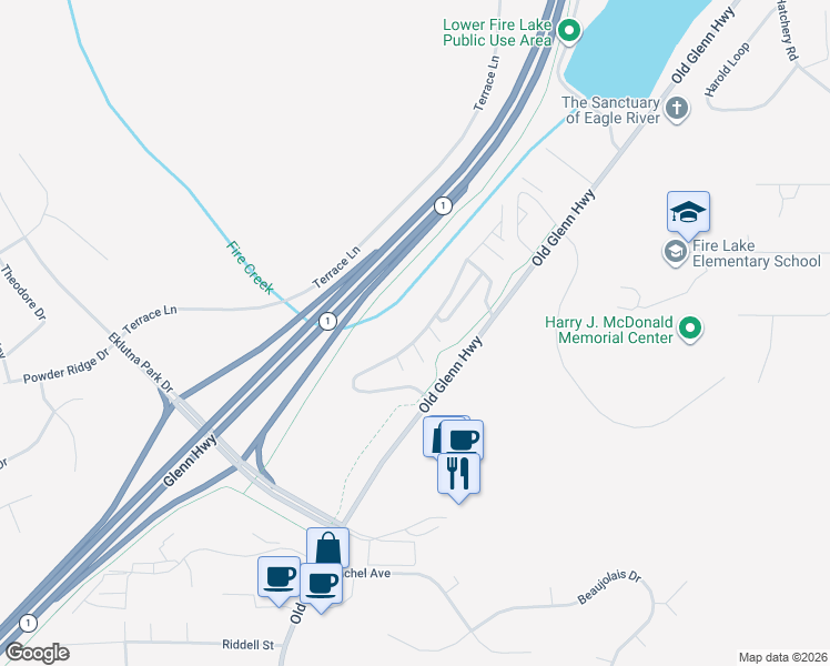 map of restaurants, bars, coffee shops, grocery stores, and more near 17400 Stonewood Place in Anchorage