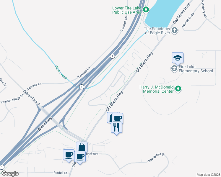 map of restaurants, bars, coffee shops, grocery stores, and more near 17400 Stonewood Place in Anchorage