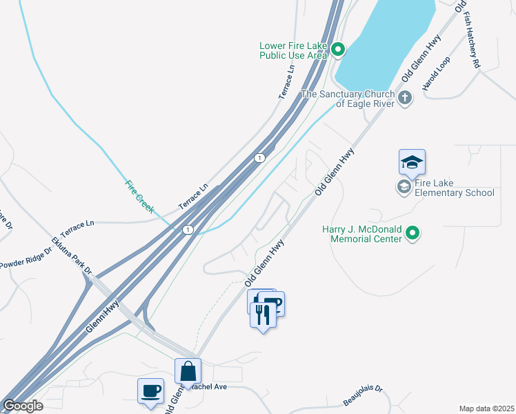 map of restaurants, bars, coffee shops, grocery stores, and more near 13667 Fire Creek Trail Drive in Anchorage