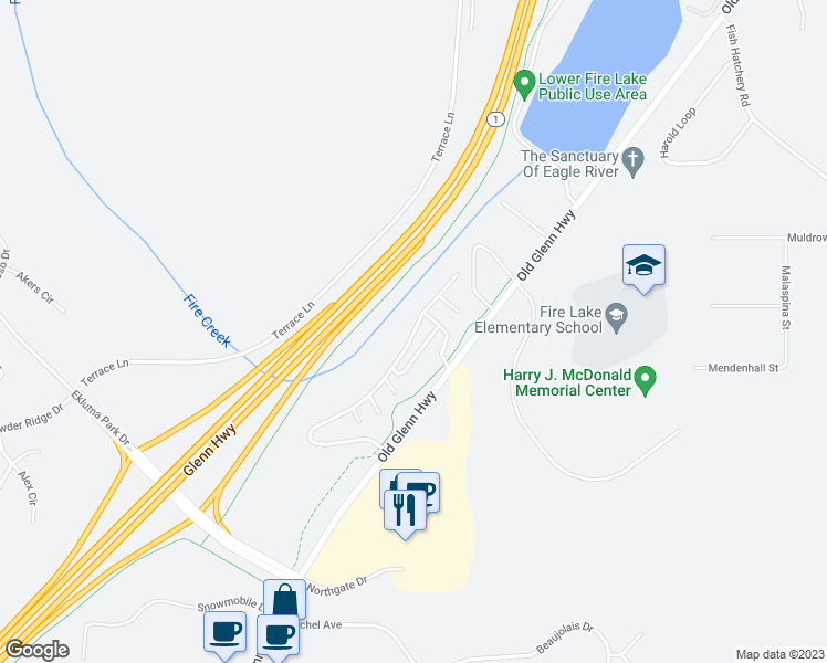 map of restaurants, bars, coffee shops, grocery stores, and more near 13856 Fire Creek Trail Drive in Anchorage