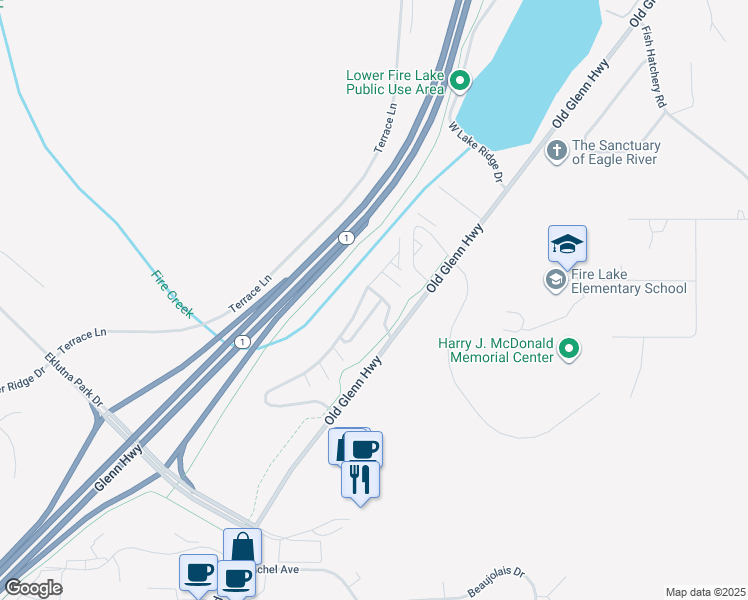 map of restaurants, bars, coffee shops, grocery stores, and more near 13904 Fire Creek Trail Drive in Anchorage