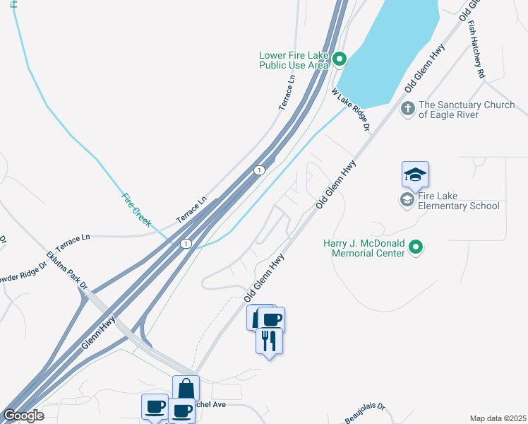 map of restaurants, bars, coffee shops, grocery stores, and more near 13814 Fire Creek Trail Drive in Anchorage