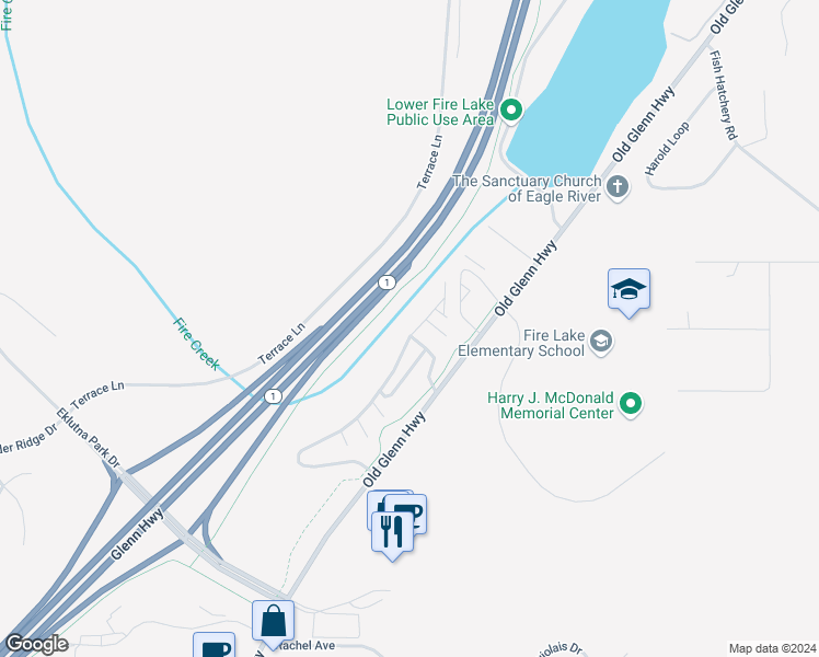 map of restaurants, bars, coffee shops, grocery stores, and more near 13904 Fire Creek Trail Drive in Anchorage