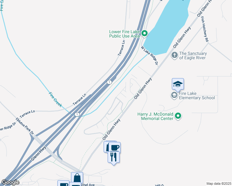 map of restaurants, bars, coffee shops, grocery stores, and more near 13904 Fire Creek Trail Drive in Anchorage