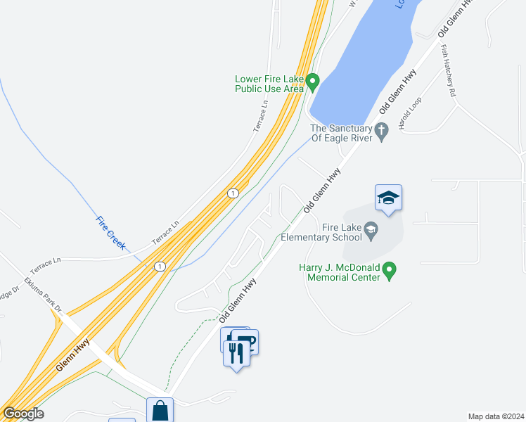 map of restaurants, bars, coffee shops, grocery stores, and more near 13941 Fire Creek Trail Drive in Anchorage