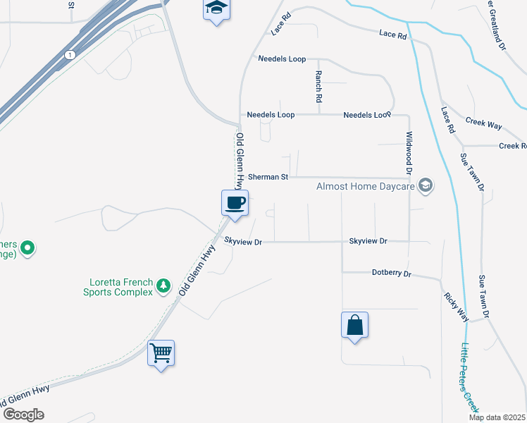 map of restaurants, bars, coffee shops, grocery stores, and more near 19327 Penstemon Lane in Anchorage