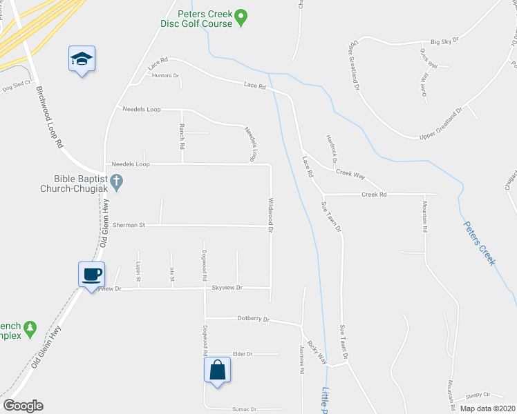 map of restaurants, bars, coffee shops, grocery stores, and more near 19532 Wildwood Drive in Anchorage