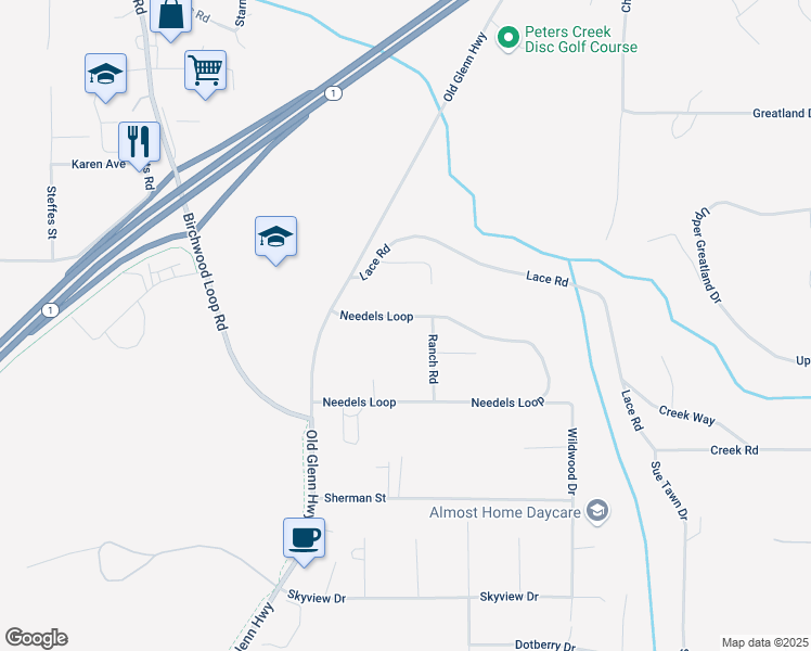 map of restaurants, bars, coffee shops, grocery stores, and more near 22961 Needels Loop in Anchorage