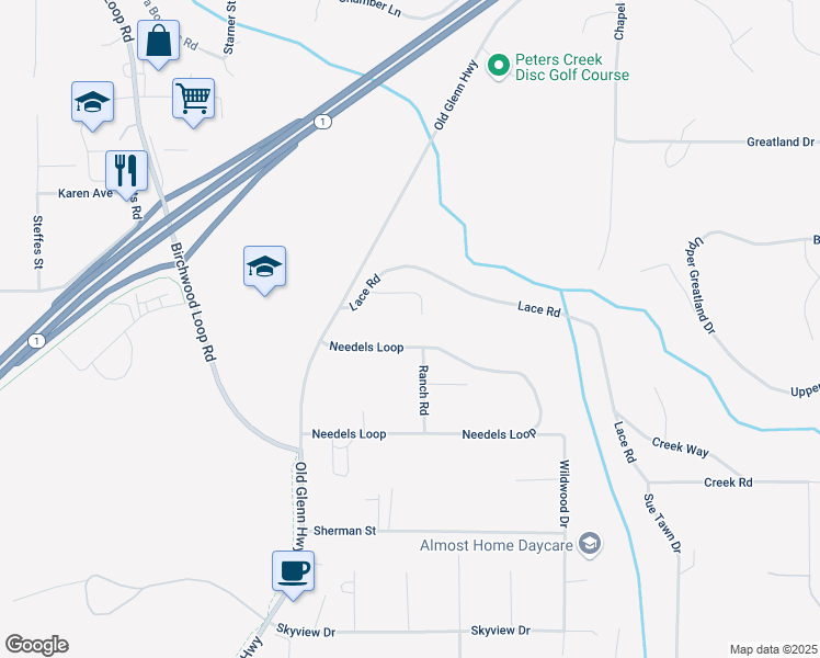 map of restaurants, bars, coffee shops, grocery stores, and more near 22961 Needels Loop in Anchorage