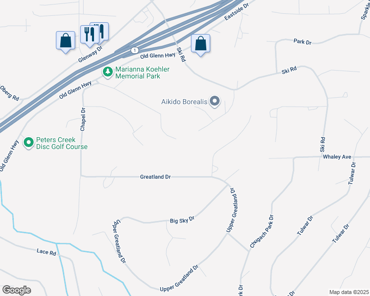 map of restaurants, bars, coffee shops, grocery stores, and more near 20517 Wooded Hollow Circle in Anchorage