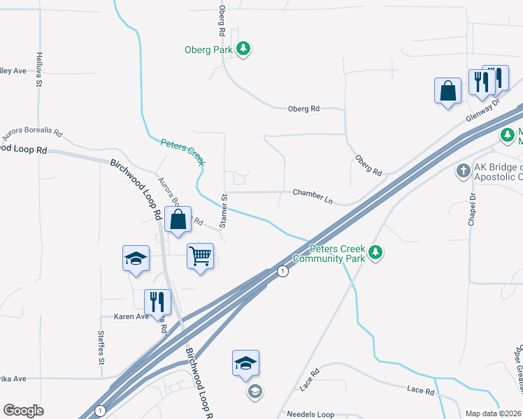 map of restaurants, bars, coffee shops, grocery stores, and more near 22514 Chamber Lane in Anchorage