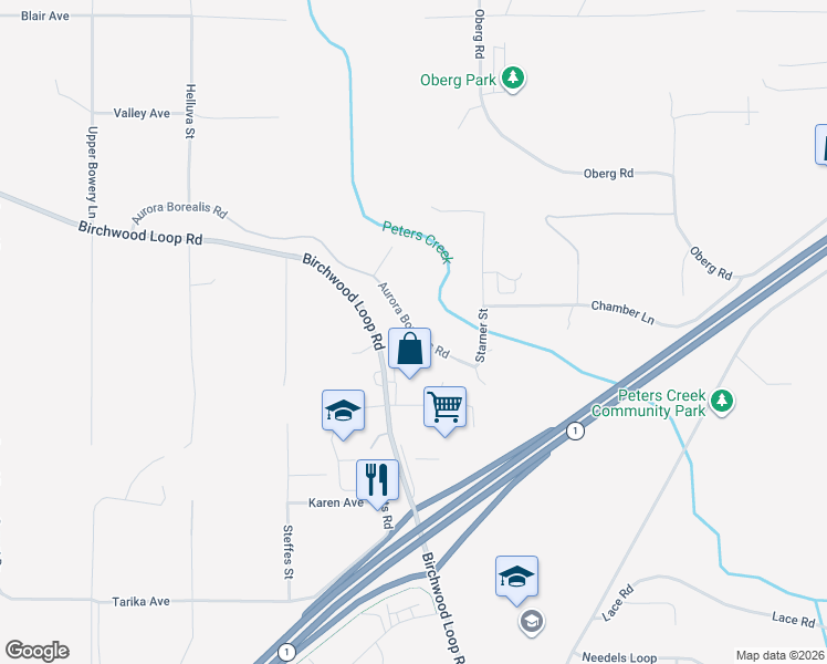 map of restaurants, bars, coffee shops, grocery stores, and more near 22211 Aurora Borealis Road in Anchorage