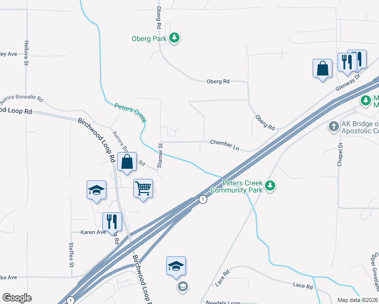 map of restaurants, bars, coffee shops, grocery stores, and more near 22514 Chamber Lane in Anchorage