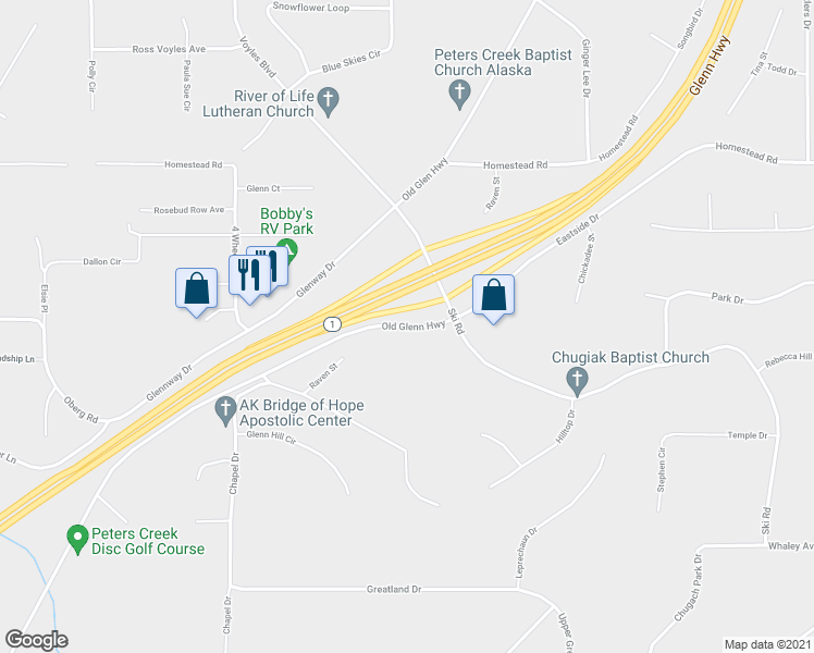 map of restaurants, bars, coffee shops, grocery stores, and more near 21625 Old Glenn Highway in Anchorage