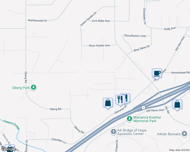 map of restaurants, bars, coffee shops, grocery stores, and more near 23012 Homestead Road in Anchorage
