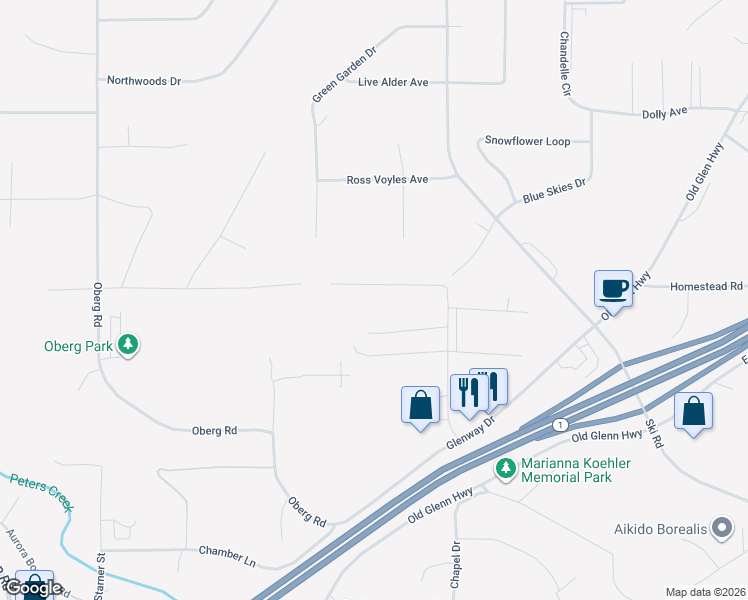 map of restaurants, bars, coffee shops, grocery stores, and more near 23012 Homestead Road in Anchorage