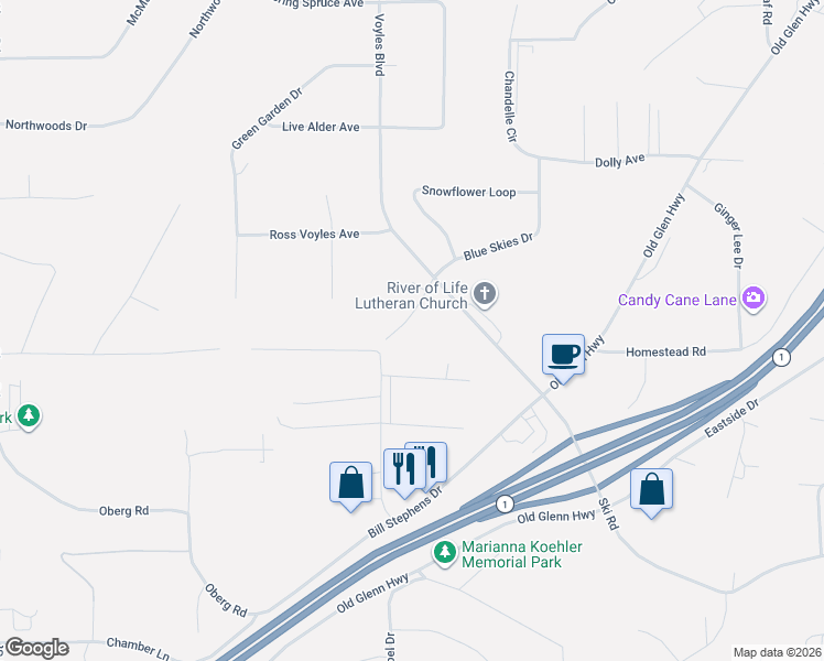 map of restaurants, bars, coffee shops, grocery stores, and more near 23211 Glenn Court in Anchorage
