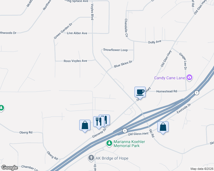map of restaurants, bars, coffee shops, grocery stores, and more near 23305 Glenn Court in Anchorage