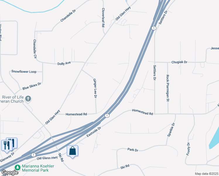 map of restaurants, bars, coffee shops, grocery stores, and more near 21322 Songbird Drive in Anchorage