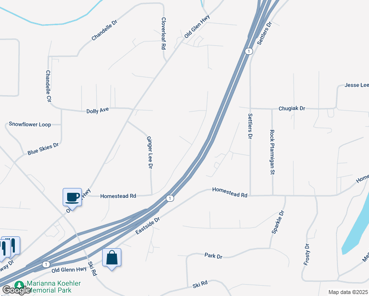 map of restaurants, bars, coffee shops, grocery stores, and more near 21322 Songbird Drive in Anchorage