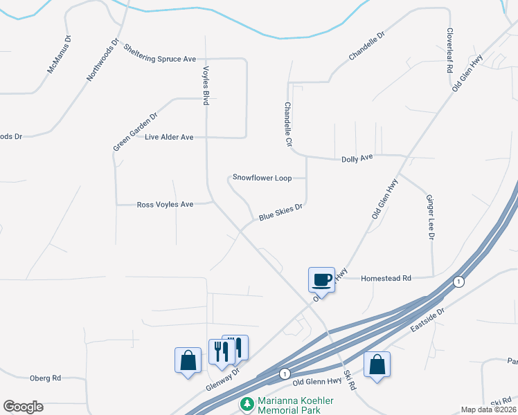 map of restaurants, bars, coffee shops, grocery stores, and more near 21611 Snowflower Loop in Anchorage