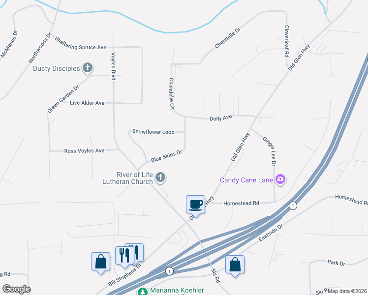map of restaurants, bars, coffee shops, grocery stores, and more near 23524 Blue Skies Circle in Anchorage