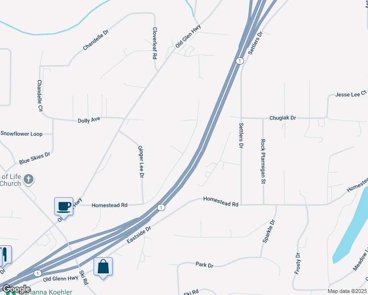 map of restaurants, bars, coffee shops, grocery stores, and more near 24043 Pillow Circle in Anchorage