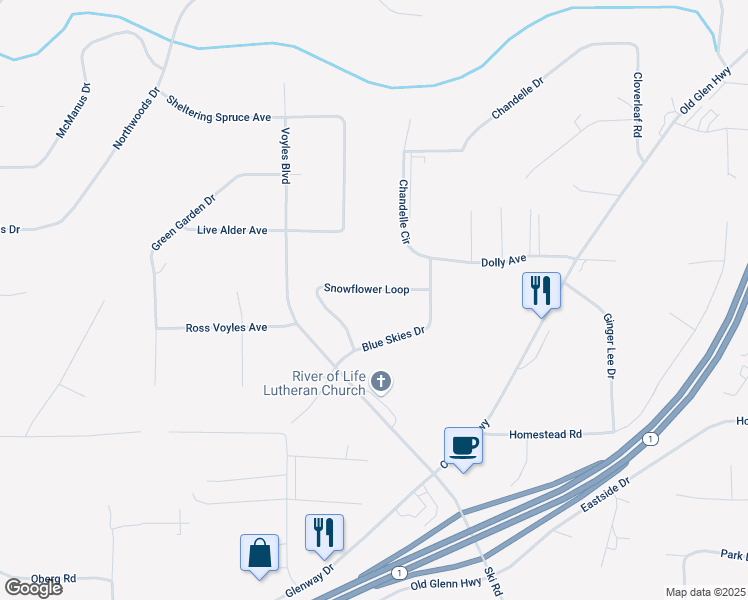 map of restaurants, bars, coffee shops, grocery stores, and more near 21611 Snowflower Loop in Anchorage
