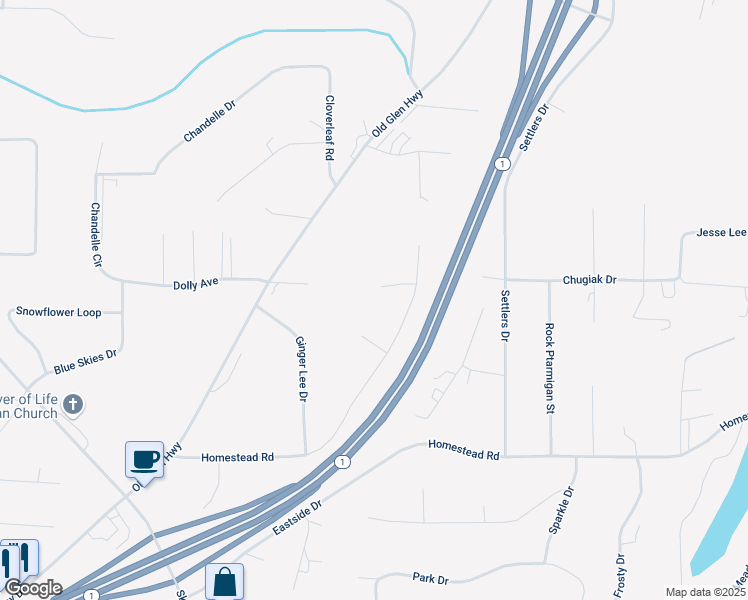 map of restaurants, bars, coffee shops, grocery stores, and more near 24043 Pillow Circle in Anchorage