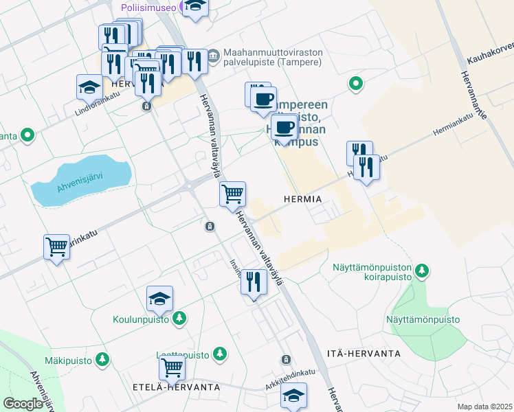 map of restaurants, bars, coffee shops, grocery stores, and more near 1 Hermiankatu in Tampere