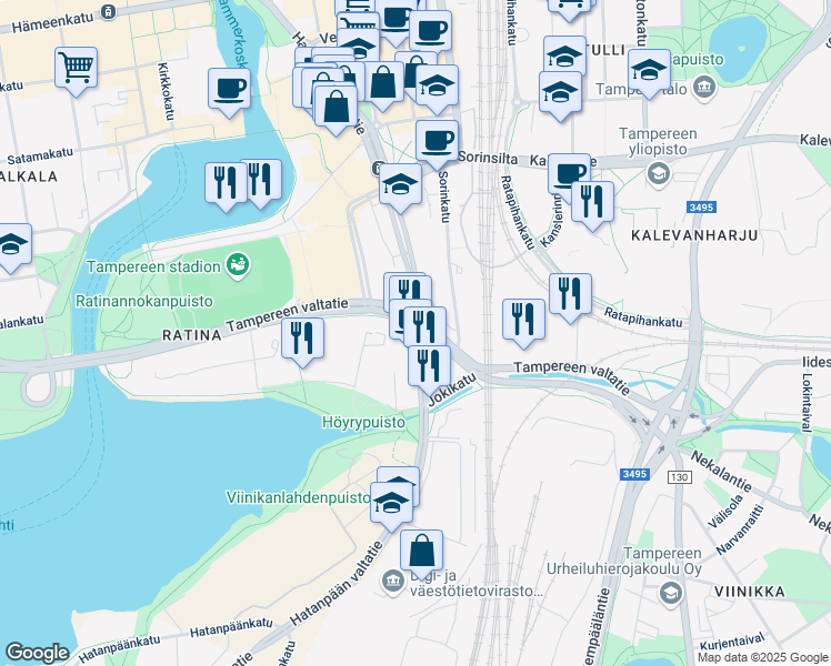 map of restaurants, bars, coffee shops, grocery stores, and more near in Tampere