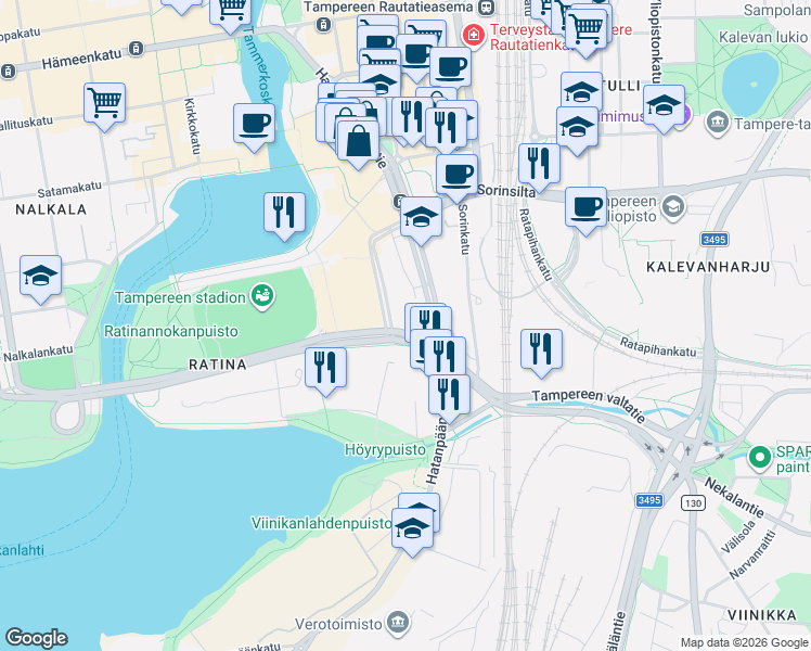 map of restaurants, bars, coffee shops, grocery stores, and more near 2 Vuolteenkatu in Tampere