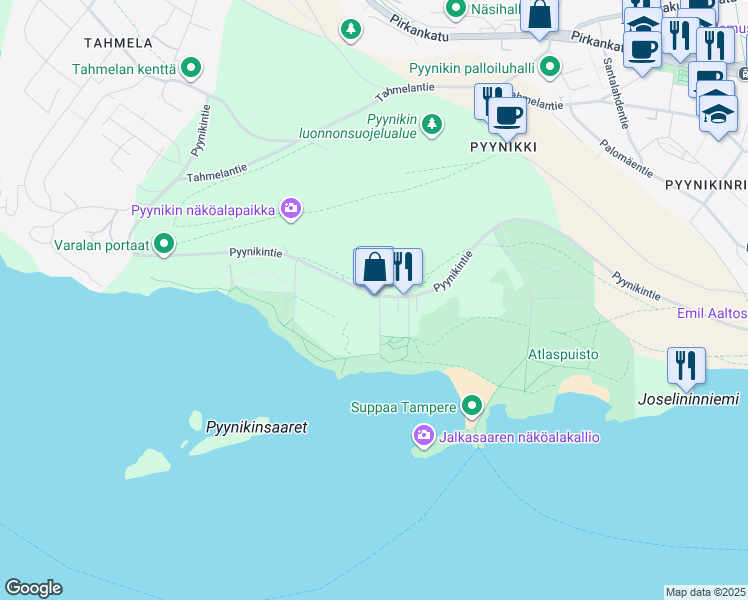 map of restaurants, bars, coffee shops, grocery stores, and more near 25 Pyynikintie in Tampere