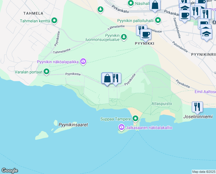 map of restaurants, bars, coffee shops, grocery stores, and more near 25 Pyynikintie in Tampere