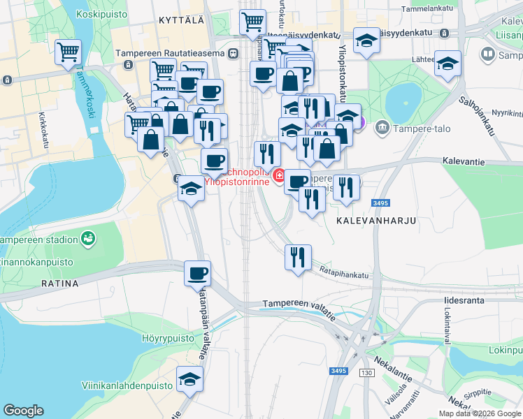 map of restaurants, bars, coffee shops, grocery stores, and more near in Tampere
