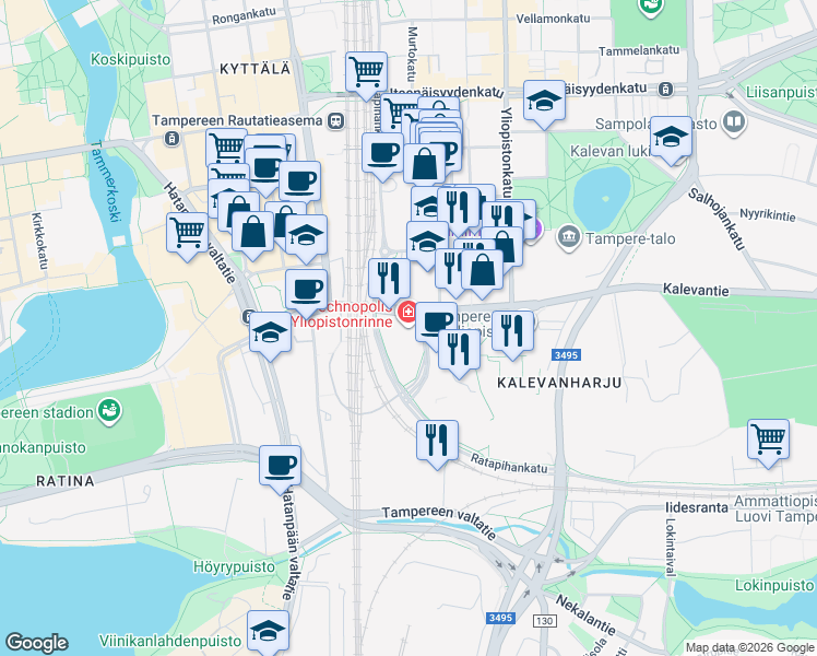 map of restaurants, bars, coffee shops, grocery stores, and more near in Tampere