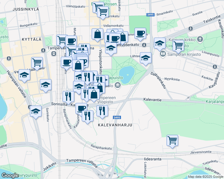 map of restaurants, bars, coffee shops, grocery stores, and more near in Tampere