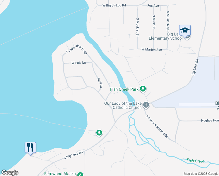 map of restaurants, bars, coffee shops, grocery stores, and more near 3263 South Lake View Loop in Wasilla