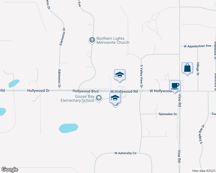 map of restaurants, bars, coffee shops, grocery stores, and more near 6385 West Hollywood Road in Wasilla
