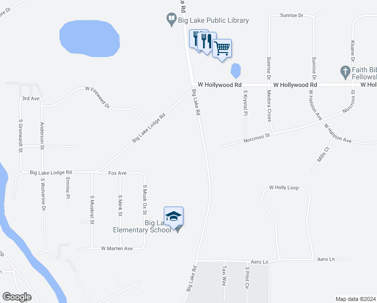 map of restaurants, bars, coffee shops, grocery stores, and more near 3548 South Big Lake Road in Wasilla