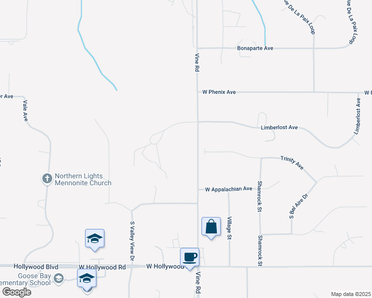 map of restaurants, bars, coffee shops, grocery stores, and more near 6100 Limberlost Avenue in Wasilla