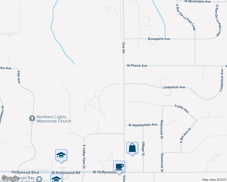 map of restaurants, bars, coffee shops, grocery stores, and more near 6100 Limberlost Avenue in Wasilla